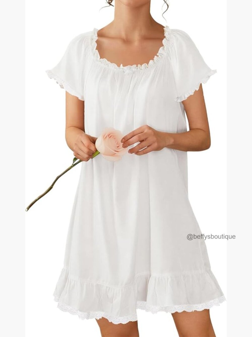 Cotton Nightgown Vintage Lace Trim Short Sleeve Soft Sleep Dress
